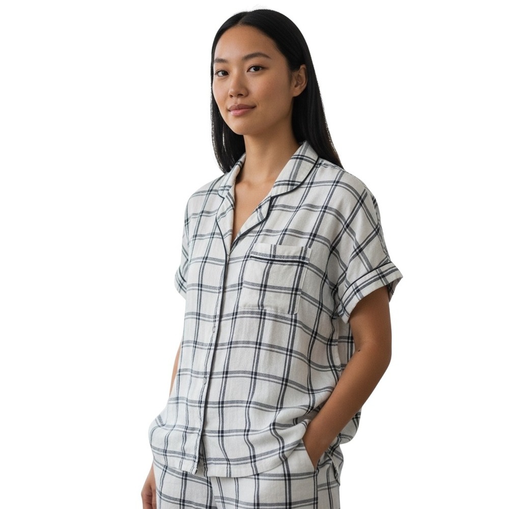 UGG Womens Pajama Top Button Down Plaid‎ Short Sleeve Sleep Shirt Size M
